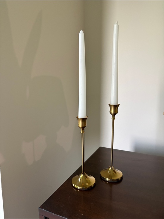 Other - Brass look Taper Candle Holders with White Candles - Home Accents